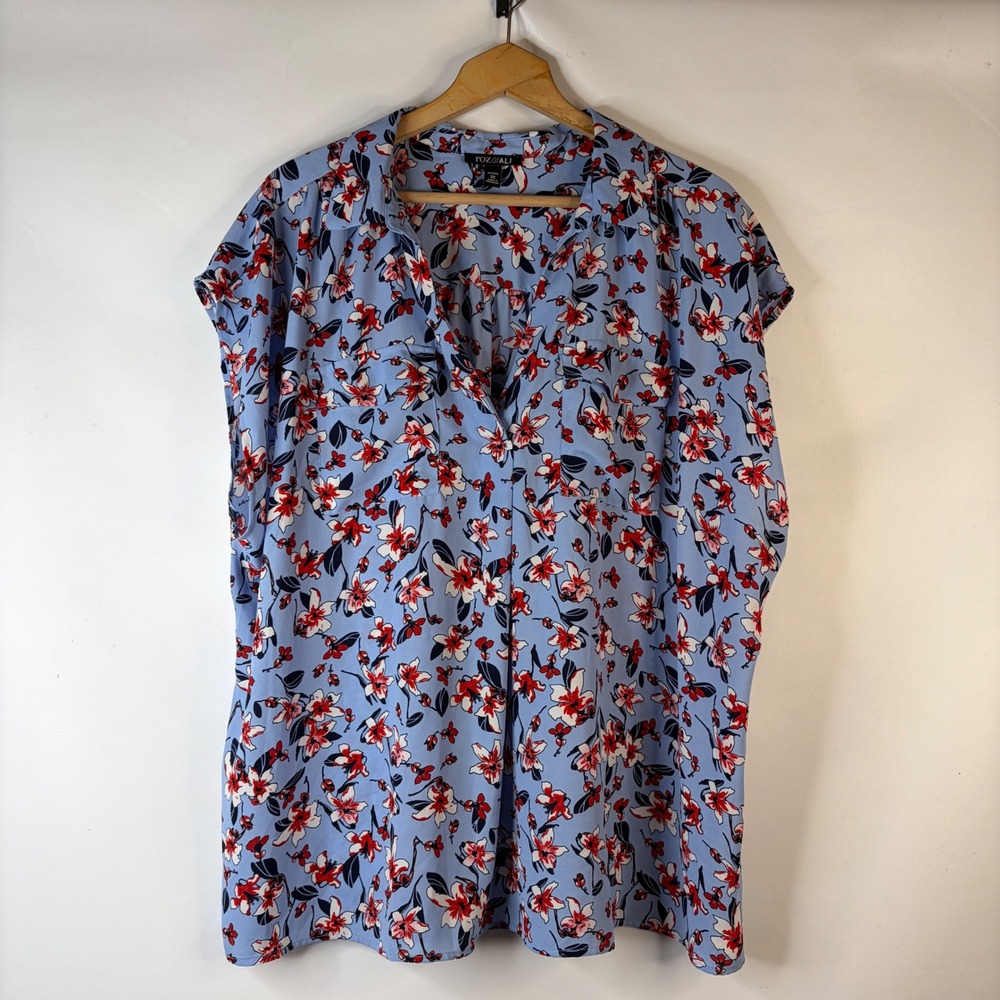 Roz & Ali Blouse Women 3X Blue Floral Cap Sleeve V-Neck Pocket Top